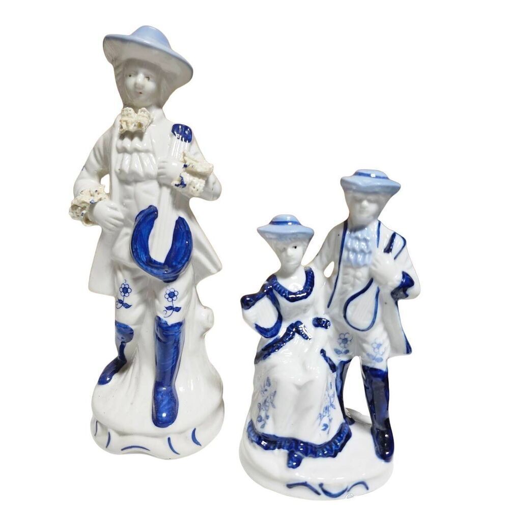 Porcelain Ceramic Figurine Vintage Music Instrument Blue White Set 2 Collectible